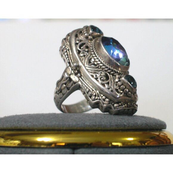 SARADA STERLING SILVER MYSTIC TOPAZ DOTS FILIGEE POISON RING - Picture 1 of 5
